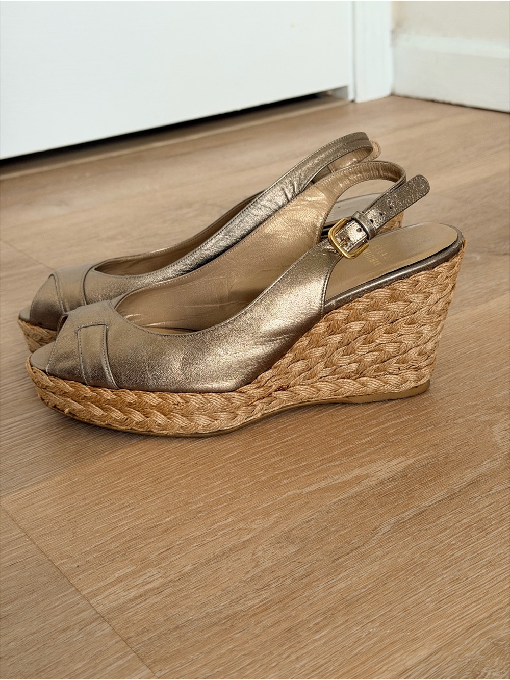 Stuart Weitzman Leather Gold Espadrille Platform Wedge Slingback Sandals 9.5